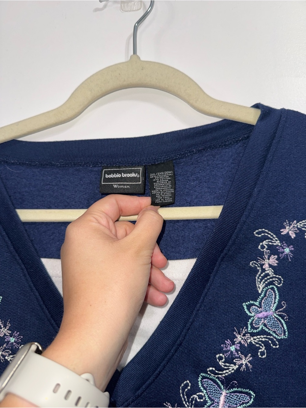 Bobbie Brooks Navy V-Neck Sweater with Pastel Butterfly Embroidery - Picture 2 of 3